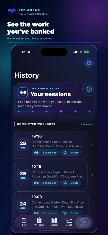 Rep Ahead App Store screenshot showing training history