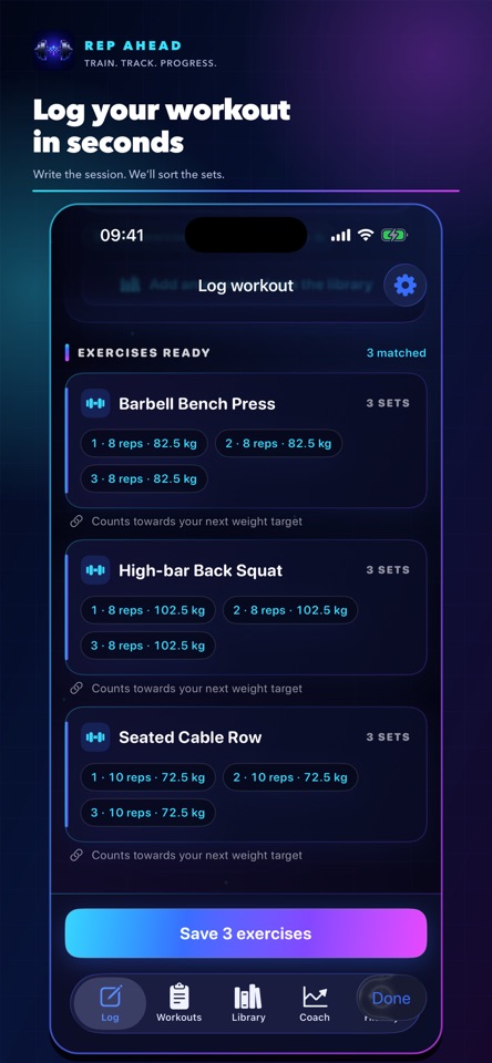 Rep Ahead App Store screenshot showing workout logging